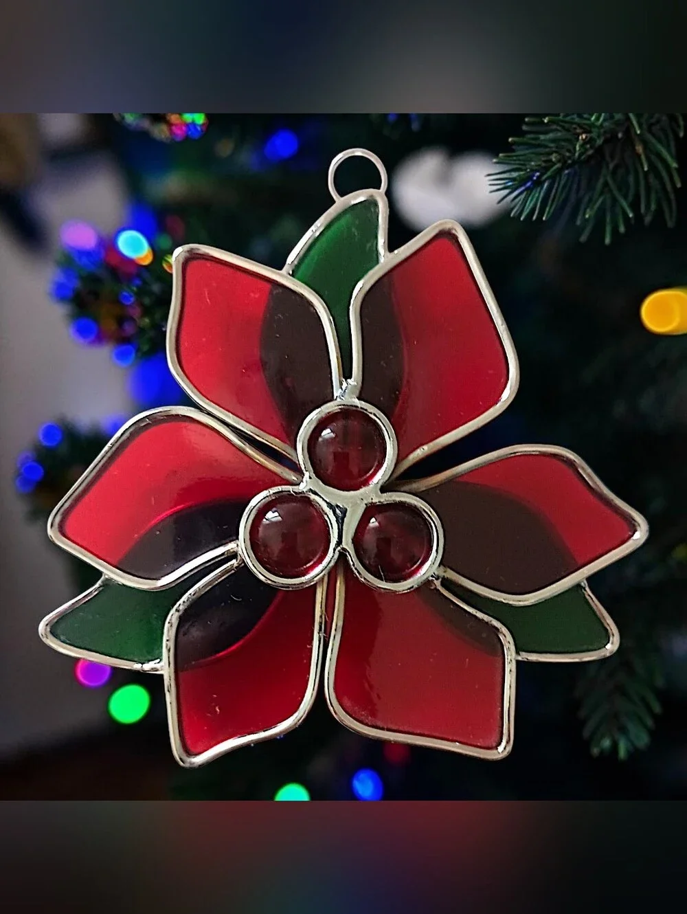 Vintage Stained Glass Poinsettia Suncatcher Ornament Christmas Window Red Green